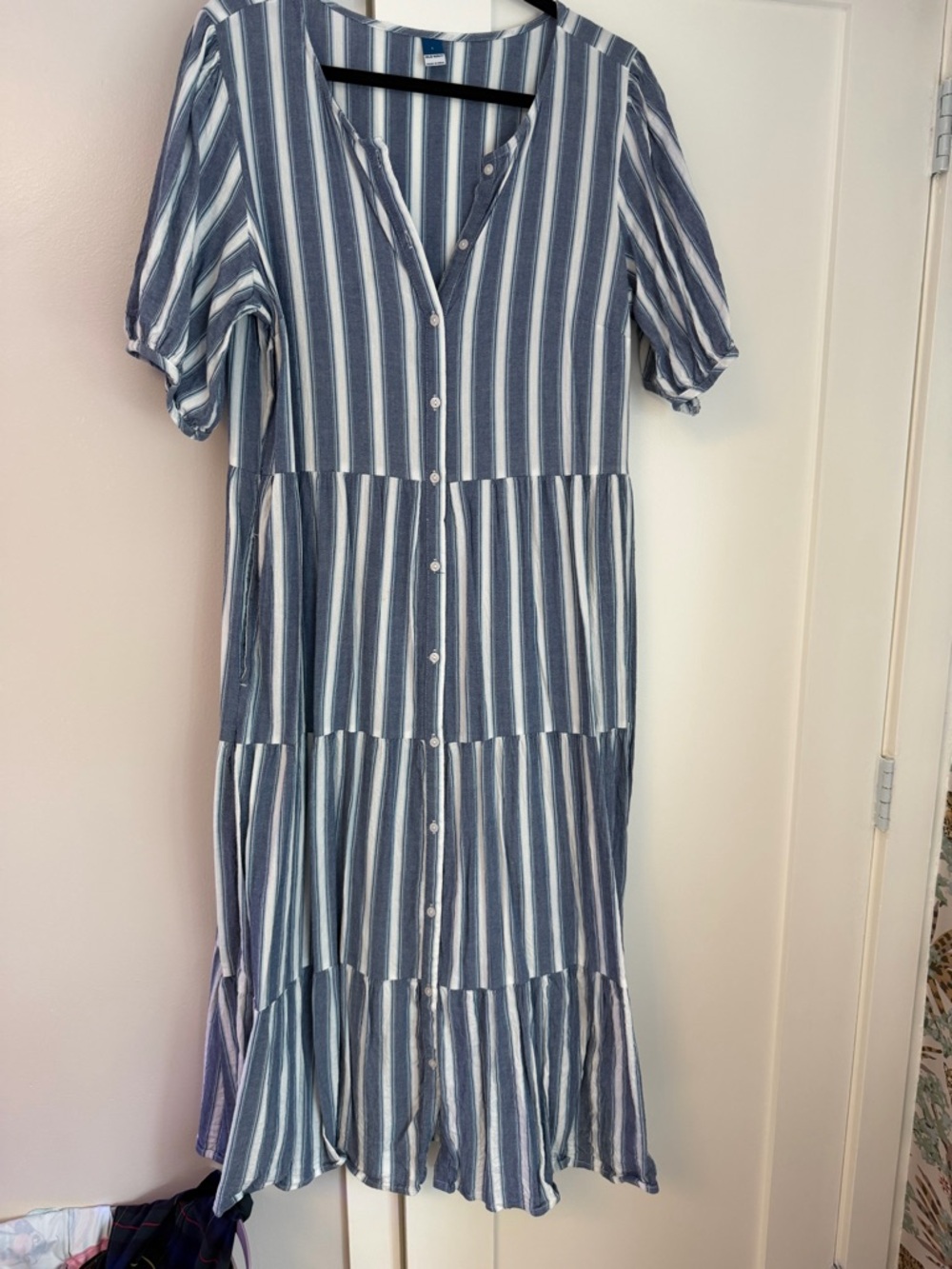 Old Navy Blue and White Striped Button-Front Tiered Midi Dress